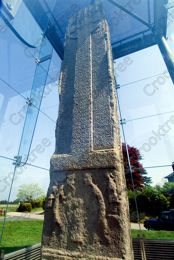 Sueno Stone Forres TO3357373JHP 
 The Sueno Stone Cross-slab Pictish Record Battle Defeat Forres Moray Scotland of the Danes in 1014AD. It stands 23 feet high, the tallest such medieval sculpture in Scotland and the 7.6 ton sandstone slab is decorated with warriors, war scenes, the vanquished corpses, animals and Celtic interlaced spiral knotwork. It has been covered in this huge Perspex canopy to stop the weathering that is caused by modern acid rain. 
 Keywords: Scotland, Moray, Morayshire, Firth, Highlands, Scottish, Forres, Sueno, Stone, cross-slab, upright, Royal Burgh, Pictish, battle, victory, Norse, Orkney, 9th century, AD, medieval, sculpture, sandstone, ring-headed, interlace, spiral, knot-work, bearded, figures, war, report, covered, conservation