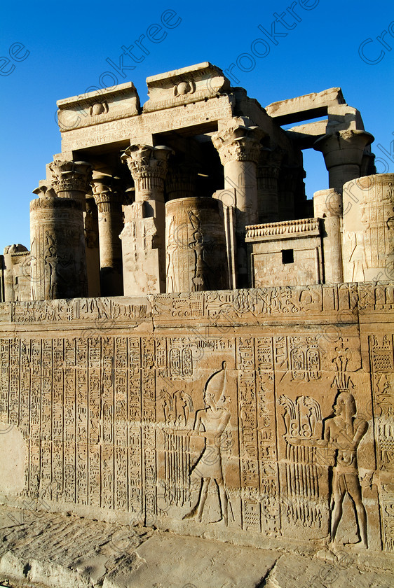 Kom Ombo Temple EG052512JHP 
 Kom Ombo Temple Egypt Forecourt Hall Reliefs Hieroglyphs Offering Scene Carvings on the River Nile just north of Aswan and a regular visit on all Nile Cruises, was principally built by Ptolemy V of Silsilah sandstone. Dedicated to two Gods – Sobek, the crocodile and Horus, the falcon and although it has been damaged over the years, mainly through slipping into the River Nile and some structural damage owing to earthquakes, there are still some wonderful colourful reliefs of the most detailed and delicate style. 
 Keywords: Egypt, East Bank, River Nile, Kom Ombo, Temple, hypostyle hall, lintel, solar, disc, forecourt, wall, detail, hieroglyphs, cartouche, offering, flowers, columns, bas reliefs, coloured, colored, colours, colors, Silsilah, sandstone, upright, history, archaeology, ancient, Egyptian, Egyptology, Ptolemaic, Ptolemy, carvings, detailed, delicate, beautiful, fine