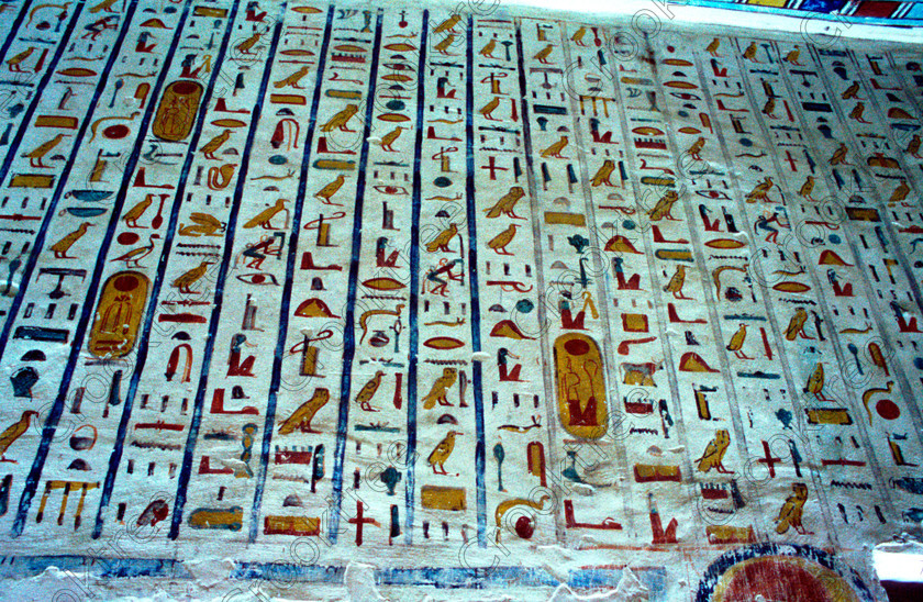 Tomb Ramasses IV EG017111JHP 
 Ancient Egyptian Tomb Ramses Corridor Wall Book Dead Hieroglyphs Afterlife Spell in the Valley of the Kings on the West Bank of the River Nile at Luxor, the ancient Egyptian capital city of Thebes and is a spectacular example of true majesty with scale, colour and elaborate craftsmanship carved out of solid rock. This was the only opportunity I had of using a tripod, special ticket available in 2001 and I had a roll of tungsten artificial light balanced slide film which allowed long exposures and a decent depth of field. The custodians could not have been more helpful and even cleared areas for me to photograph free of visitors but oh for my D700 DSLR. 
 Keywords: Egypt, Luxor, West Bank, Thebes, Valley, Kings, Ramses, Ramasses, Ramesses, 1V, tomb, interior, inside, landscape, ancient, Egyptian, archaeology, Egyptology, tungsten, slide, scanned, burial, formula, Book, Dead, hieroglyphs, coloured, colored, colourful, colorful, colours, colors, painted, ceiling, stars, spells