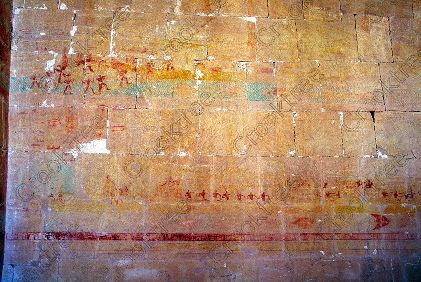 Punt Expedition Wall Relief EG006415 
 Punt Expedition ancient Egyptian painted relief colours Hatshepsut Temple second terrace on West Bank of the River Nile at Luxor and recording her expedition to what is thought to be along the Red Sea. 
 Keywords: Egypt, Luxor, Thebes, Deir el-Bahri, el-Bahari, square, Hatshepsut, mortuary, Temple, terraces, archaeology, ancient, Egyptian, history, Egyptology, Queen, Pharaoh, wall, bas reliefs, paintings, colourful, colorful, colours, colors, Punt, expedition, boats, oarsmen, sails
