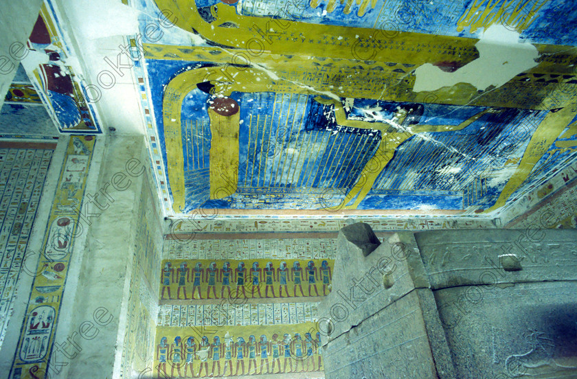 Tomb Ramasses IV EG01712JHP 
 Egyptian Tomb Ramses 1V [KV2] Burial Chamber Sarcophagus Ceiling Nut Colours in the Valley of the Kings on the West Bank of the River Nile at Luxor, the ancient Egyptian capital city of Thebes and is a spectacular example of true majesty with scale, colour and elaborate craftsmanship carved out of solid rock. This was the only opportunity I had of using a tripod, special ticket available in 2001 and I had a roll of tungsten artificial light balanced slide film which allowed long exposures and a decent depth of field. The custodians could not have been more helpful and even cleared areas for me to photograph free of visitors but oh for my D700 DSLR. 
 Keywords: Egypt, Luxor, West Bank, Thebes, Valley, Kings, Ramses, Ramasses, Ramesses, 1V, tomb, interior, inside, landscape, ancient, Egyptian, archaeology, Egyptology, tungsten, slide, scanned, burial, Nut, nightsky, sarcophagus, granite, chamber, hieroglyphs, coloured, colored, colourful, colorful, colours, colors, painted, ceiling, stars, spells
