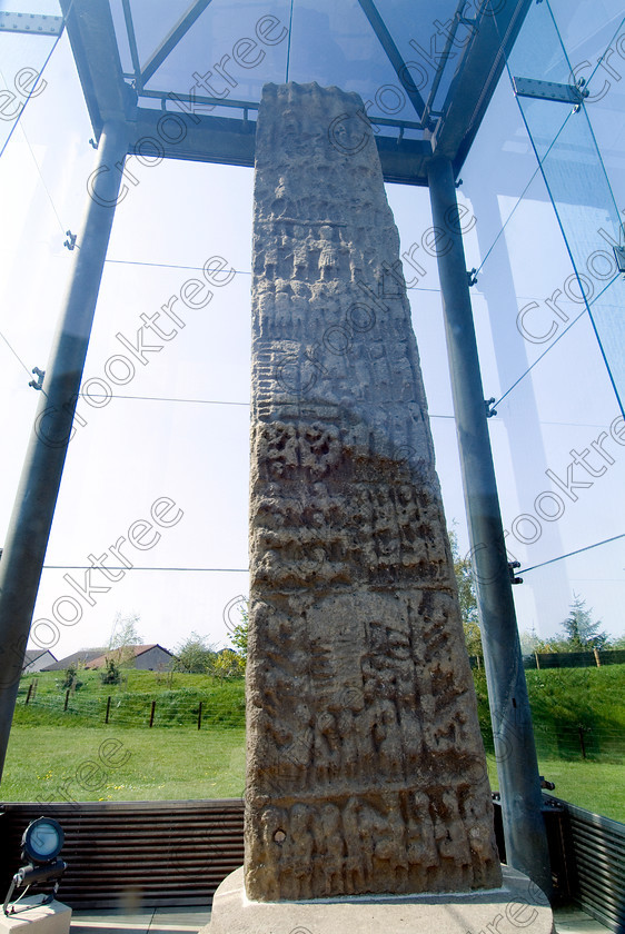 Sueno Stone Forres TO3357371JHP 
 Sueno Stone Cross-slab Pictish Battle Record Covered Perspex Weathering describing the defeat of the Danes in 1014AD. It stands 23 feet high, the tallest such medieval sculpture in Scotland and the 7.6 ton sandstone slab is decorated with warriors, war scenes, the vanquished corpses, animals and Celtic interlaced spiral knotwork. It has been covered in this huge Perspex canopy to stop the weathering that is caused by modern acid rain. 
 Keywords: Scotland, Moray, Morayshire, Firth, Highlands, Scottish, Forres, Sueno, Stone, cross-slab, upright, Royal Burgh, Pictish, battle, victory, Norse, Orkney, 9th century, AD, medieval, sculpture, sandstone, ring-headed, interlace, spiral, knot-work, bearded, figures, war, report, covered, conservation