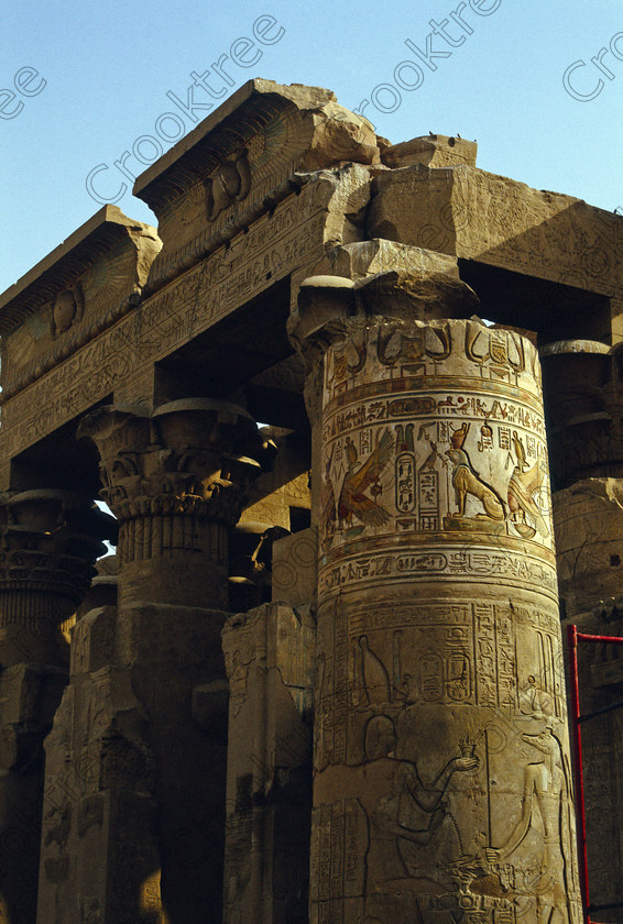 Kom Ombo EG204310jhp 
 Kom Ombo Temple River Nile Egypt hieroglyphs hall Sobek Horus carvings of this beautiful ruined temple just north of Aswan and a regular visit on all Nile Cruises, was principally built by Ptolemy V of Silsilah sandstone. Dedicated to two Gods  Sobek, the crocodile and Horus, the falcon and although it has been damaged over the years, mainly through slipping into the River Nile and some structural damage owing to earthquakes, there are still some wonderful colourful reliefs of the most detailed and delicate style. This trip was special for me in that I got special permission to climb up the back of the temple on the hill behind and match a view I had on a Victorian albumen print; the local Police Chief had to be involved and thanks to a good Kuoni Guide he agreed for me to be accompanied by a policemen as security was still a big thing after the 1997 attacks at Luxor. Unfortunately in the excitement I had forgot to adjust my ASA rating for Velvia and took the photos based on 400ASA-the film maws later pushed to 200asa so there is some increase in grain structure, not a feature of Velvia generally. On this visit some cleaning and restoration was being done to the many painted bas reliefs on the columns-hence the scaffolding and the sun umbrella but the bonus was the reliefs looked particularly vibrant. The time of day also meant some of the museum blocks with deep cut carvings were ideal to photograph as the shadows gave greater emphasis to the excellent cut marks of some iconic hieroglyphic symbols. 
 Keywords: Egypt, East Bank, River Nile, Kom Ombo, Temple, summer, morning, hypostyle hall, pylon, columns, bas, reliefs, restoration, cleaning, conservation, coloured, colored, colours, colors, Silsilah, sandstone, landscape, upright, history, archaeology, ancient, Egyptian, Egyptology, crocodiles, Ptolemaic, Ptolemy, Horus, Haroeris, Harwer, Sobek, Hathor, carvings, detailed, delicate, beautiful, fine, Velvia, slide, film, scans, scan, scanned, 35mm, Nikon, FM, manual, July, 2000