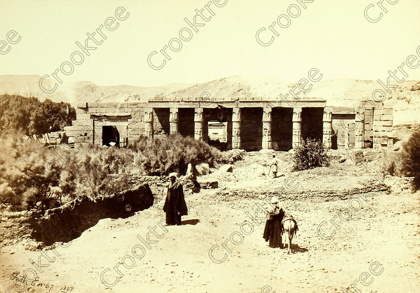 Frith Seti 1 Temple 8400VQJHP 
 Temple Seti Sethos Sety Frith Photograph Albumen Print Ancient Egyptian site on the West Bank of the River Nile at Luxor in an area called al-Tarif turning off eastwards instead of taking the Valley of the Kings road. Attributed to Seti it had involvement by Ramasses 1 and 11 and with recent restoration is a delightful extra addition should you have free time while in Luxor. Described in the early days as Goorneh Temple and here photographed by English Victorian photographer Francis frith in 1857. 
 Keywords: Egypt, Luxor, Thebes, River Nile, West Bank, Seti 1, Temple, Portico, Mortuary, Dra Abu el-Naga, Sethos, history, archaeology, ancient, Egyptian, Egyptology, Francis Frith, 1857, English, albumen, print, Victorian, photographer, earliest