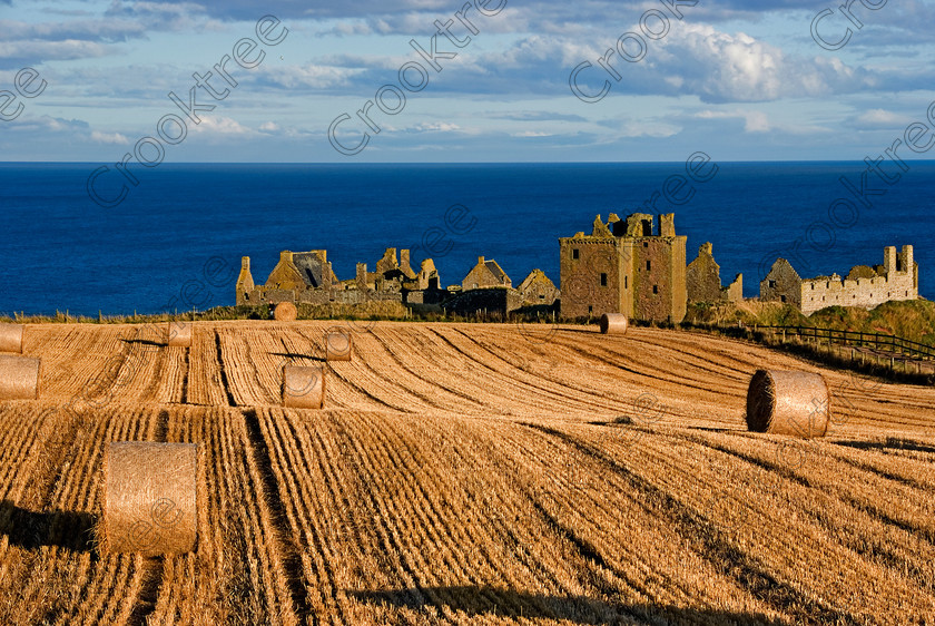 Dunnottar Castle Scotland VS2969JHP 
 Dunnottar Castle ruined Scottish fortress, south of Stonehaven on the east coast of Aberdeenshire here viewed from a nearby clifftop field after the summer harvest has been collected.
As a private property these photographs should only be used for tourist/scenic/editorial purposes. If required for commercial promotion then permission should be obtained from the owners by contacting The Factor; Dunecht Estates Office; Dunecht; Skene; AB32 7AX. Telephone: 01330 860223. 
 Keywords: Scotland, Scottish, Aberdeenshire, North, east, sea, Stonehaven, Dunnottar, Castle, landscape, spectacular, harvest, stubble, field, bales, farmland, coast, coastal, cliffs, rocks, headland, bay, Haven, Benholm, Lodging, keep, tower, curtain, portcullis, vaulted, pends, arched, window, stonework, weathered, erosion, tourism, visitors, conglomerate, pudding, stone, Dun, Fother, 14th, century, Marischal, storehouse, smithy, bakery, brewery, stables, guardhouse, quadrangle, well, mansion, chambers, chapel, Whigs, Vault, prison, dungeon, siege, Honours, jewels, Covenanters, exhibition