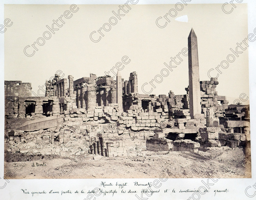 Beato Karnak Temple 29JHP05 
 Ancient Egyptian Karnak Temple Hypostyle Hall Obelisks Old Photo Beato Albumen Print located at this huge religious site on East Bank of River Nile at Luxor photographed by Antonio Beato, a Victorian photographer around 1890 and this copy is taken from his album called The Nile 1872. 
 Keywords: Egypt, Luxor, Thebes, River Nile, East Bank, Karnak Temple, obelisks, hypostyle hall, columns, ancient, history, archaeology, ancient, Egyptian, Egyptology, Antonio Beato, Victorian, 1890, photographer, albumen, copy, print