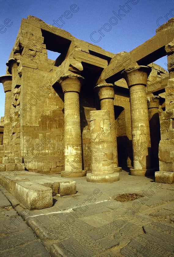 Kom Ombo EG204320jhp 
 Kom Ombo Ptolemaic Temple River Nile Egyptian hypostle hall wall columns carvings of this beautiful ruined temple just north of Aswan and a regular visit on all Nile Cruises, was principally built by Ptolemy V of Silsilah sandstone. Dedicated to two Gods  Sobek, the crocodile and Horus, the falcon and although it has been damaged over the years, mainly through slipping into the River Nile and some structural damage owing to earthquakes, there are still some wonderful colourful reliefs of the most detailed and delicate style. This trip was special for me in that I got special permission to climb up the back of the temple on the hill behind and match a view I had on a Victorian albumen print; the local Police Chief had to be involved and thanks to a good Kuoni Guide he agreed for me to be accompanied by a policemen as security was still a big thing after the 1997 attacks at Luxor. Unfortunately in the excitement I had forgot to adjust my ASA rating for Velvia and took the photos based on 400ASA-the film maws later pushed to 200asa so there is some increase in grain structure, not a feature of Velvia generally. On this visit some cleaning and restoration was being done to the many painted bas reliefs on the columns-hence the scaffolding and the sun umbrella but the bonus was the reliefs looked particularly vibrant. The time of day also meant some of the museum blocks with deep cut carvings were ideal to photograph as the shadows gave greater emphasis to the excellent cut marks of some iconic hieroglyphic symbols. 
 Keywords: Egypt, East Bank, River Nile, Kom Ombo, Temple, summer, morning, hypostyle hall, pylon, columns, bas, reliefs, restoration, cleaning, conservation, coloured, colored, colours, colors, Silsilah, sandstone, landscape, upright, history, archaeology, ancient, Egyptian, Egyptology, crocodiles, Ptolemaic, Ptolemy, Horus, Haroeris, Harwer, Sobek, Hathor, carvings, detailed, delicate, beautiful, fine, Velvia, slide, film, scans, scan, scanned, 35mm, Nikon, FM, manual, July, 2000