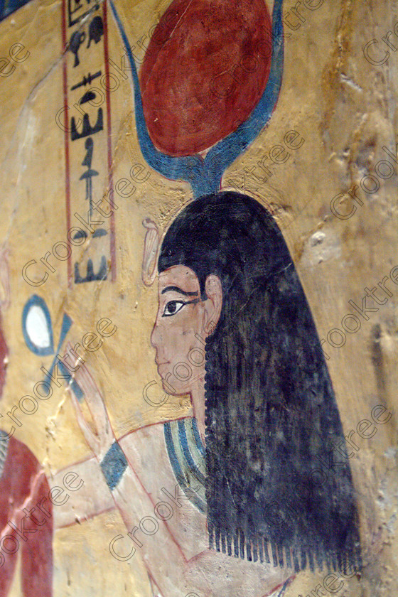 Valley Kings EG0213072jhp 
 Egypt Valley Kings Luxor Thutmose Tomb painting Hathor eye makeup wedjat in the Valley of the Kings on the West Bank of the River Nile at Luxor which was robbed in antiquity and later restored by Horemheb through his official Maya. In the Tomb-Chamber is a red granite sarcophagus with still very brilliant colourful decoration as illustrated in the photo of the Goddess Nephthys.
Thanks to the capability of the modern digital camera and adjustments in Photoshop reasonably accurate colours can be exhibited of tomb paintings lit by low level artificial light when tripods and flash are not allowed such as the head of Anubis. This was taken before the current ban on tomb photography was introduced when you could purchase a ticket to photograph in two tombs in 2002. Unfortunately most of the photos of the painting had to be taken through Perspex which diminishes their quality as it obvious in several cases. 
 Keywords: Egypt, Luxor, West Bank, Thebes, Theban, Valley Kings, pharaoh, Tuthmosis, Thutmose, 1V, tomb, KV43, upright, Osiris, bearded, hedjet, white, crown, was, septer, ankh, Anubis, Hathor, jackal, head, painting, colourful, colorful, colours, colors, black, yellow, white, necklace, bright, ancient, Egyptian, archaeology, Egyptology, hieroglyphs, hieratic, writing, Maya, restoration, text, death, burial, Nut, nightsky, mythology, afterlife, sarcophagus, Nephthys, out-stretched, granite, chamber, antechamber, interiors, austere, undecorated, columns, stars, ceiling, history, hieroglyphs, hieroglyphics, cartouche, dress, pink, patterns, different, eye