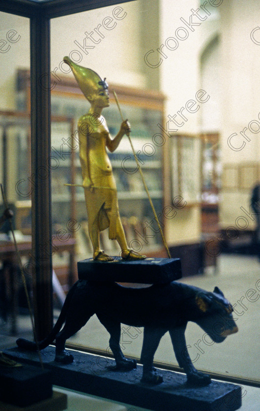 Tut on Leopard EG11702JHP 
 Egyptian Museum statue King Tutankhamun Tut gold gilt photo standing leopard in the prime antiquities collection in Cairo taken during visits between 1994 and 1996 when photography was allowed albeit without flash and tripod. None is of studio quality, being handheld with existing, usually extremely poor light and using slide film, pushed Fuji 400asa to get a suitable aperture and shutter speed. Most of the photos are from the Tutankahum exhibits while the rest are items that interested me as I explored this wonderful and extensive collection, requiring many more hours if not days and is only hinted at during the usual one or two hour visit made on a package tour. 
 Keywords: Egypt, Cairo, Egyptian, Museum, Tutankhamun, leopard, standing, Tut, collection, upright, ancient, antiquity, antiquities, exhibit