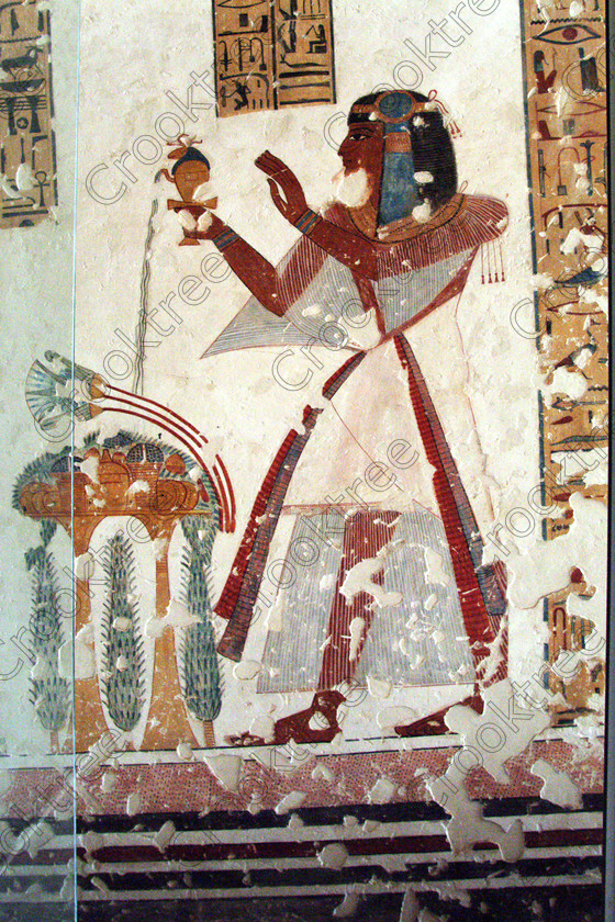 Valley Kings EG0213040jhp 
 Egypt Egyptian Tomb Prince Mentuherkhepshef offering scene colors was son of Ramasses 1X, but his tomb was unfinished but has some excellent colourful depictions of the important ancient Egyptian Gods and although protected by Perspex panels, the custodian was very helpful and slid them back for me to take photographs in 2002 when it was still allowed. Thanks to the capability of the modern digital camera, the first and only chance I have had to use one, a Fuji S2 as photography is now banned in the Valley of Kings per se and especially in the tombs. Adjustments in Photoshop give the chance of reasonably accurate colours even when the tomb paintings were lit by low level artificial light when tripods and flash were not allowed; what could I get with a Nikon F700 and a tripod, which were allowed at one time as well. 
 Keywords: Egypt, Luxor, West Bank, Thebes, Theban, Valley Kings, prince, tomb, KV19, Montu, Mentuherkhepshef, Montu-hir-Khopshef, upright, paintings, colourful, colorful, colours, colors, bright, white, plaster, ancient, Egyptian, archaeology, Egyptology, hieroglyphs, death, burial, mythology, afterlife, history, hieroglyphics, Gods, offering, fruit, flowers, wine, grapes, bread, DSLR, Fuji, S2, handheld, artificial, light, Photoshop, adjusted, corrections, Perspex, screens