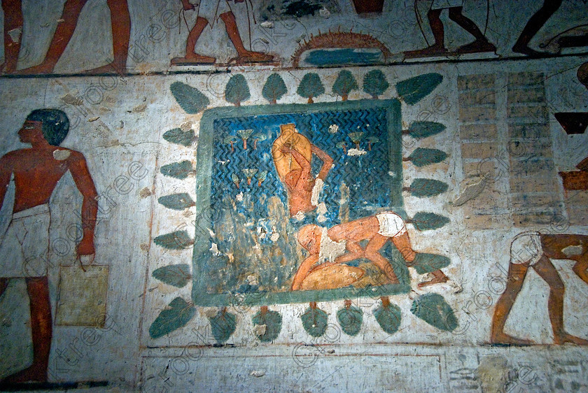 Rekhmire Tomb Painting EG075698JHP 
 Rekhmire Tomb Painting Afterlife Colours Interior Photograph Luxor Egypt, one of many beautiful tomb decorations amongst the Tombs of the Nobles on the West Bank of the River Nile at Luxor. Rekhmire Tomb-Chapel [Tomb 100] was a Vizier during the reigns of Tuthmosis 11 and Amenhotep 11, part of a family with long service as administrators at Thebes. This highly decorated cruciform tomb is full images giving great understanding of Egyptian foreign policy, taxation and the justice system. The area around the Tombs has now been greatly improved with removal of many of the old modern houses and entry to these fascinating burial sites made more accessible. 
 Keywords: Egypt, Egyptian, ancient, Luxor, Tombs, Nobles, Thebes, River Nile, West Bank, Old Qurna, Sheikh Abd’el-Qurna, landscape, Rekhmire, Vizier, administrator, tomb, symbol, lake, trees, Afterlife, painting, colourful, colorful, colours, colors, painted, artificial, light, digital