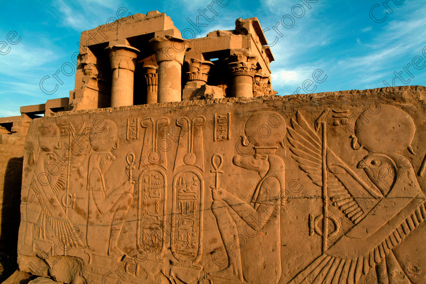 Kom Ombo Egypt EG02476JHP 
 Kom Ombo Ptolemaic Temple Horus Sobek Cartouche Carved Block Foreground on the River Nile just north of Aswan and a regular visit on all Nile Cruises, was principally built by Ptolemy V of Silsilah sandstone. Dedicated to two Gods – Sobek, the crocodile and Horus, the falcon and although it has been damaged over the years, mainly through slipping into the River Nile and some structural damage owing to earthquakes, there are still some wonderful colourful reliefs of the most detailed and delicate style. 
 Keywords: Egypt, East Bank, River Nile, Kom Ombo, Temple, hypostyle hall, pylon, columns, bas reliefs, coloured, colored, colours, colors, Silsilah, sandstone, landscape, history, archaeology, ancient, Egyptian, Egyptology, crocodile, Ptolemaic, Ptolemy, Horus, winged, Haroeris, Harwer, Sobek, Hathor, carvings, detailed, delicate, beautiful, fine