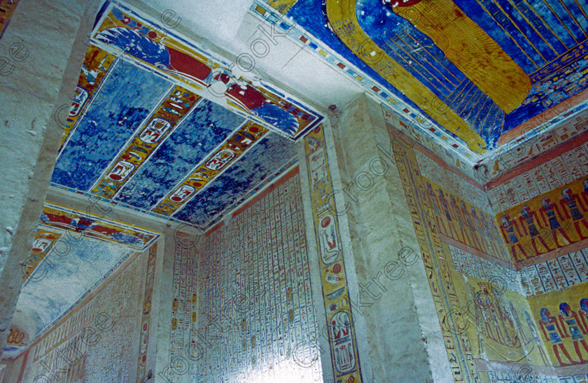 Tomb Ramasses IV EG01713JHP 
 Tomb Ramses 1V [KV2] Valley Kings Egypt Painted Ceiling Walls Tungsten Photo on the West Bank of the River Nile at Luxor, the ancient Egyptian capital city of Thebes and is a spectacular example of true majesty with scale, colour and elaborate craftsmanship carved out of solid rock. This was the only opportunity I had of using a tripod, special ticket available in 2001 and I had a roll of tungsten artificial light balanced slide film which allowed long exposures and a decent depth of field. The custodians could not have been more helpful and even cleared areas for me to photograph free of visitors but oh for my D700 DSLR. 
 Keywords: Egypt, Luxor, West Bank, Thebes, Valley, Kings, Ramses, Ramasses, Ramesses, 1V, tomb, interior, inside, landscape, ancient, Egyptian, archaeology, Egyptology, tungsten, slide, scanned, burial, Nut, nightsky, passages, chamber, hieroglyphs, coloured, colored, colourful, colorful, colours, colors, painted, ceiling, stars, spells