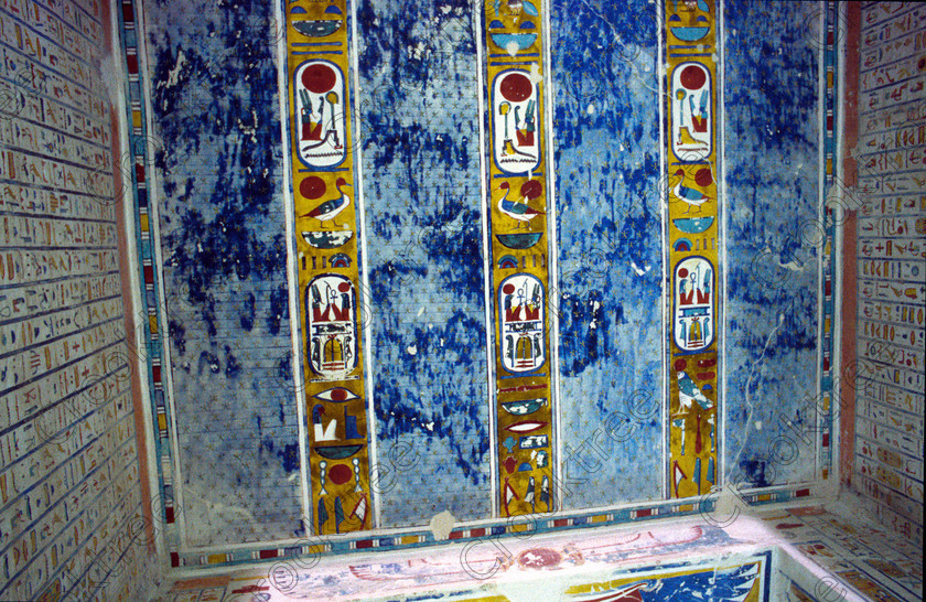 Tomb Ramasses IV EG017120JHP 
 Egyptian Tomb Ramesses KV2 Ceiling Painted Stars Colours Cartcouches in the Valley of the Kings on the West Bank of the River Nile at Luxor, the ancient Egyptian capital city of Thebes and is a spectacular example of true majesty with scale, colour and elaborate craftsmanship carved out of solid rock. This was the only opportunity I had of using a tripod, special ticket available in 2001 and I had a roll of tungsten artificial light balanced slide film which allowed long exposures and a decent depth of field. The custodians could not have been more helpful and even cleared areas for me to photograph free of visitors but oh for my D700 DSLR. 
 Keywords: Egypt, Luxor, West Bank, Thebes, Valley, Kings, Ramses, Ramasses, Ramesses, 1V, tomb, interior, inside, landscape, ancient, Egyptian, archaeology, Egyptology, tungsten, slide, scanned, burial, ceiling, roof, cartouches, nightsky, chamber, hieroglyphs, coloured, colored, colourful, colorful, colours, colors, painted, stars, spells