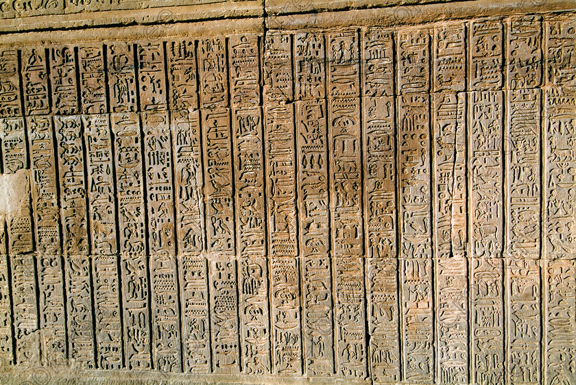 Kom Ombo Hieroglyphs EG052514JHP 
 Kom Ombo Temple Egypt Hieroglyphs Forecourt Wall Detail Carving Closeup Photo on the River Nile just north of Aswan and a regular visit on all Nile Cruises, was principally built by Ptolemy V of Silsilah sandstone. Dedicated to two Gods – Sobek, the crocodile and Horus, the falcon and although it has been damaged over the years, mainly through slipping into the River Nile and some structural damage owing to earthquakes, there are still some wonderful colourful reliefs of the most detailed and delicate style. 
 Keywords: Egypt, East Bank, River Nile, Kom Ombo, Temple, hypostyle hall, pylon, columns, bas reliefs, coloured, colored, colours, colors, Silsilah, sandstone, landscape, hieroglyphs, hieroglyphics, history, archaeology, ancient, Egyptian, Egyptology, crocodile, Ptolemaic, Ptolemy, Horus, Haroeris, Harwer, Sobek, Hathor, carvings, detailed, delicate, beautiful, fine