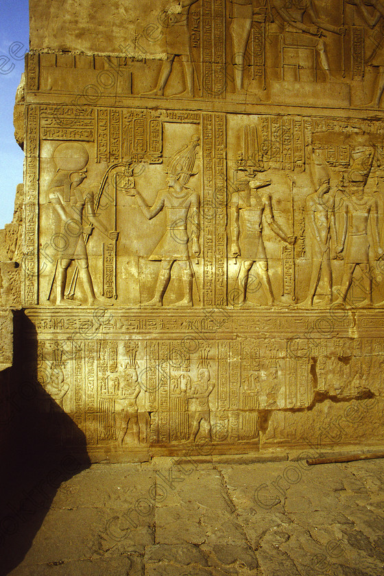 Kom Ombo EG204322jhp 
 Kom Ombo Ptolemy Temple Egypt wall bas relief carvings detail rear hypostyle hall of this beautiful ruined temple just north of Aswan and a regular visit on all Nile Cruises, was principally built by Ptolemy V of Silsilah sandstone. Dedicated to two Gods  Sobek, the crocodile and Horus, the falcon and although it has been damaged over the years, mainly through slipping into the River Nile and some structural damage owing to earthquakes, there are still some wonderful colourful reliefs of the most detailed and delicate style. This trip was special for me in that I got special permission to climb up the back of the temple on the hill behind and match a view I had on a Victorian albumen print; the local Police Chief had to be involved and thanks to a good Kuoni Guide he agreed for me to be accompanied by a policemen as security was still a big thing after the 1997 attacks at Luxor. Unfortunately in the excitement I had forgot to adjust my ASA rating for Velvia and took the photos based on 400ASA-the film maws later pushed to 200asa so there is some increase in grain structure, not a feature of Velvia generally. On this visit some cleaning and restoration was being done to the many painted bas reliefs on the columns-hence the scaffolding and the sun umbrella but the bonus was the reliefs looked particularly vibrant. The time of day also meant some of the museum blocks with deep cut carvings were ideal to photograph as the shadows gave greater emphasis to the excellent cut marks of some iconic hieroglyphic symbols. 
 Keywords: Egypt, East Bank, River Nile, Kom Ombo, Temple, summer, morning, hypostyle hall, pylon, columns, bas, reliefs, restoration, cleaning, conservation, coloured, colored, colours, colors, Silsilah, sandstone, landscape, upright, history, archaeology, ancient, Egyptian, Egyptology, crocodiles, Ptolemaic, Ptolemy, Horus, Haroeris, Harwer, Sobek, Hathor, carvings, detailed, delicate, beautiful, fine, Velvia, slide, film, scans, scan, scanned, 35mm, Nikon, FM, manual, July, 2000
