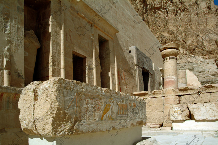 Hatshepsut Temple EG02118JHP 
 Hatshepsut Temple limestone carved block painted reliefs Theban Hill cliffs dominating the Upper or central court was opened again in 2002 and makes the visit to this magificent temple almost complete except that entrance into the burial chmaber itself is restricted. This magnificent mortuary temple is located on the West Bank of the River Nile at Luxor at an area called Deir el-Bahri and built into the base of the cliffs of the Theban Hill behind which are branches of the Valley of the Kings. 
 Keywords: Egypt, Luxor, Thebes, Theban, West Bank, Deir el-Bahri, el-Bahari, Dayr, Hatshepsut, mortuary, Temple, landscape, upper, central, court, statues, archaeology, ancient, Egyptian, history, Egyptology, Consort, Queen, Pharaoh, Royal, ruler, woman, columns